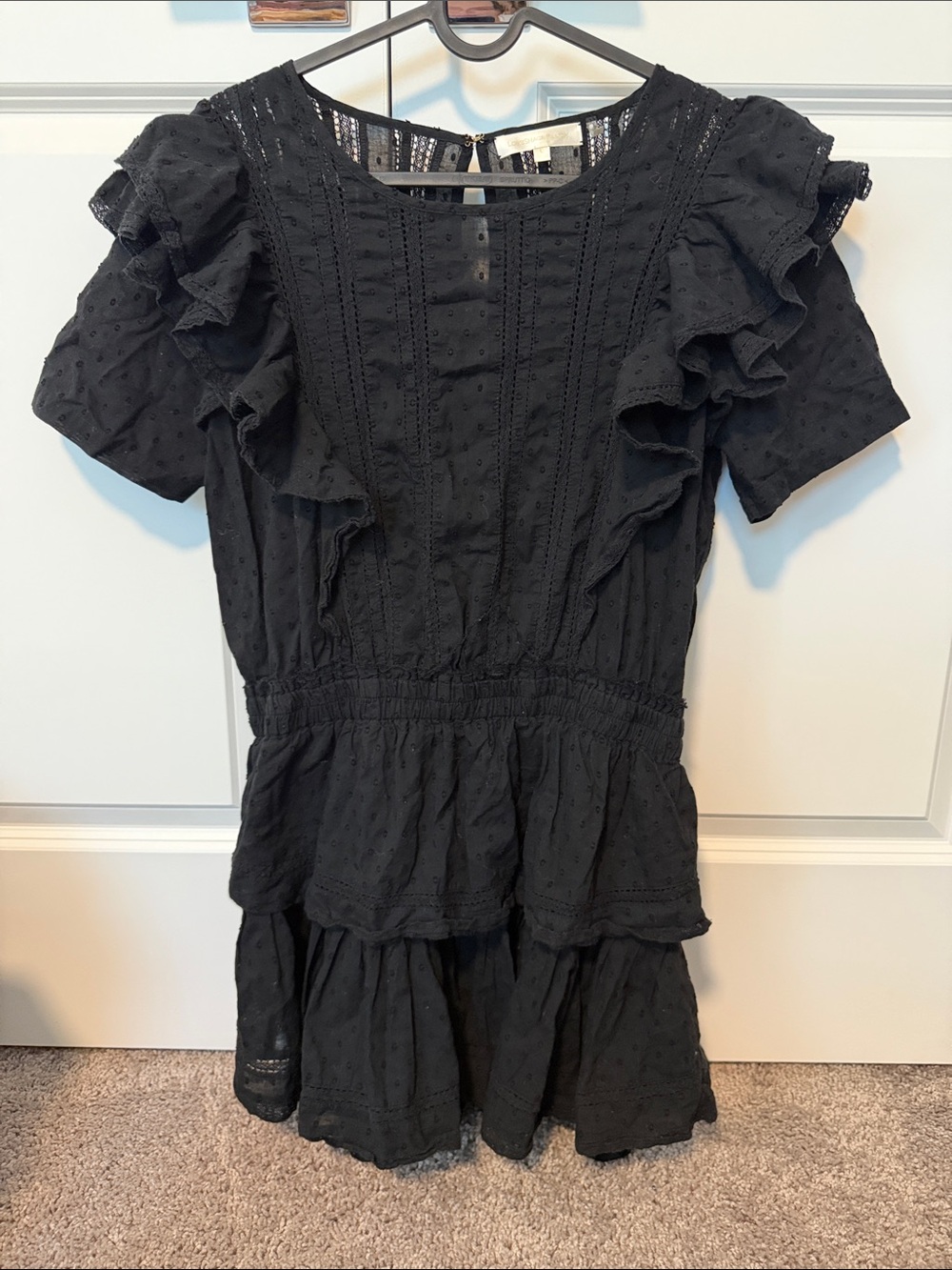 Love Shack Fancy Black Eyelet Ruffle Tiered Mini Dress